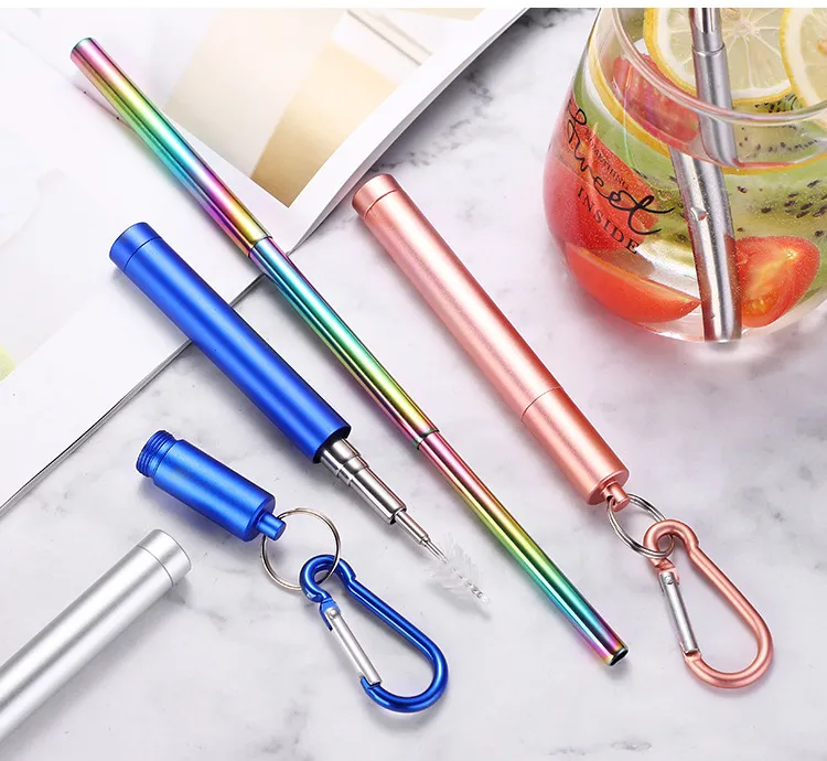 Colorful Portable Reusable Folding Drinking Straws Stainless Steel Metal Telescopic Foldable Straws with Aluminum Case Cleaning Brush FY6040