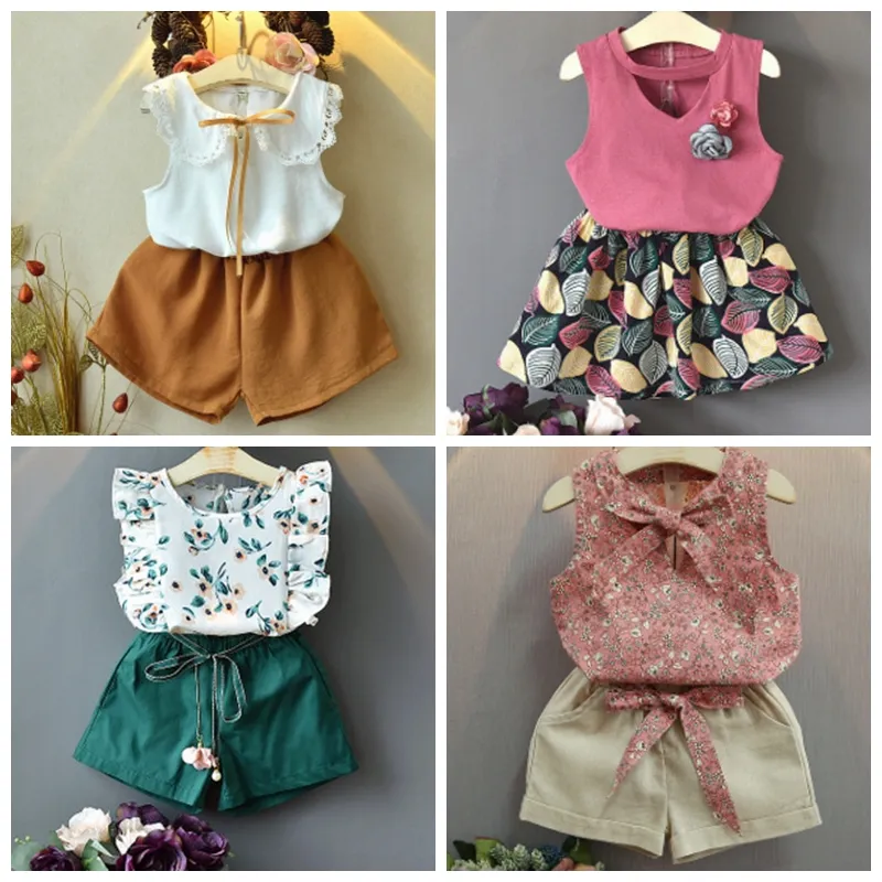 Kinderen Designer Kleding Bloemen Meisjes Tops Losse Shorts 2 stks Sets Mouwloze Meisje Outfits Boutique Kinderkleding 7 Designs 3lots YW4165
