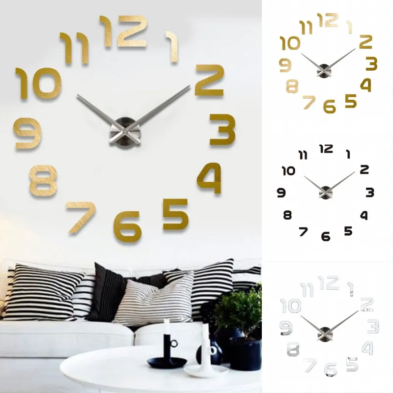 3d grande número espelho relógio de parede grande design moderno 3d Background Wall Clock Diy Home Room de estar de escritório decoração de arte Arte