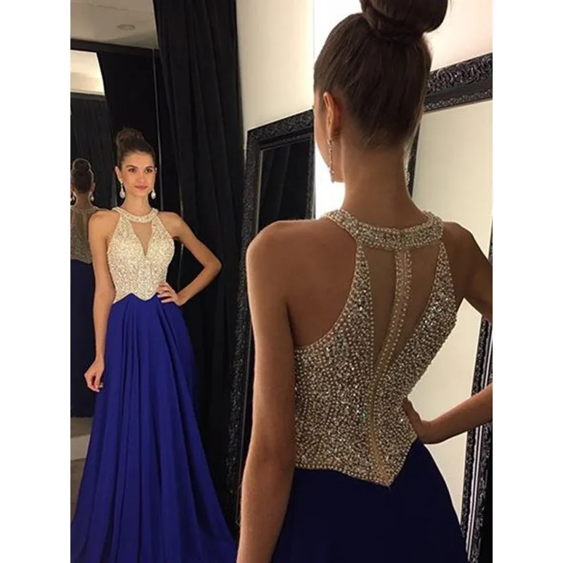 Royal Blue Chiffon Prom Dresses 2019 Naakt Sexy Boot Neck Beaded Contrast Kleur Vloerlengte Vestido de Festa voor Party Avondjurken