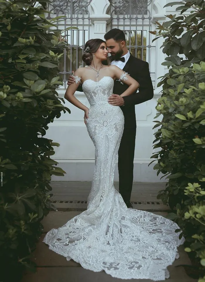 2022 White Mermaid Lace Plus Size Beach Trouwjurken Sweetheart Drop Taille Sexy Berta Bridal Jurken