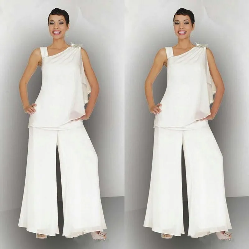 elegante 2020 madre della sposa abiti pantalone in chiffon per il matrimonio estivo scollo asimmetrico bianco avorio spiaggia abiti da madre dello sposo