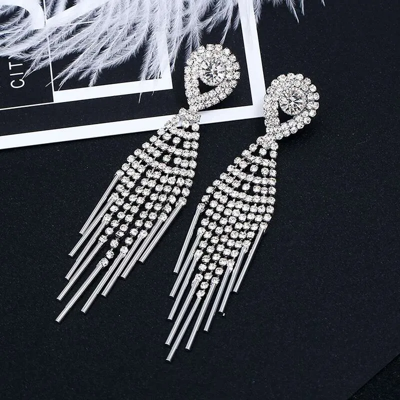 Hurtownia - Wedding Dangle Kolczyki dla kobiet Gorąca Sprzedaż Tassel Żyrandol Kolczyk Stop Rhinestone Srebrny Moda Biżuteria Ślubna