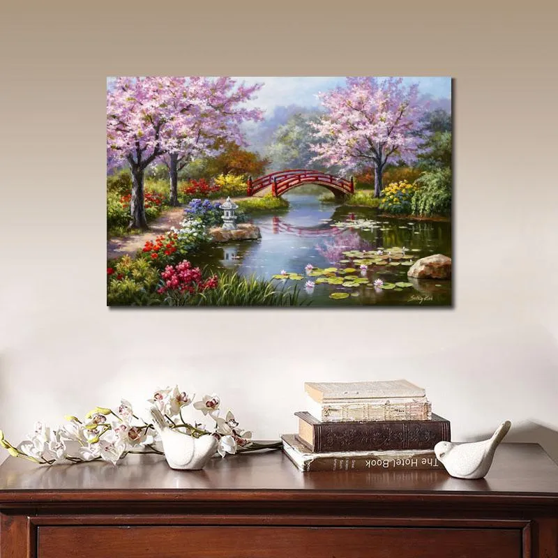 Canvas Art Oil Paintings Japanese Garden In Bloom Colorful