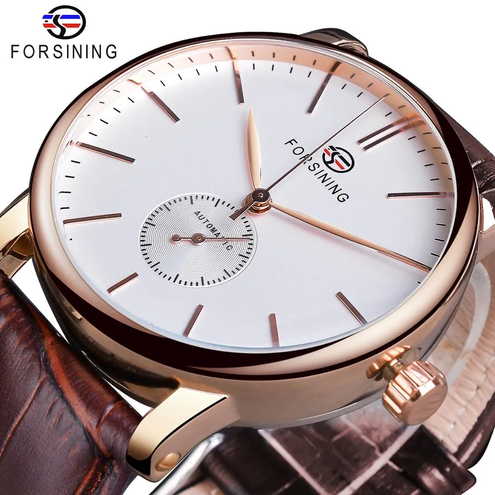 ForSining Mens Fashion Mechanical Watch Rose Gold Case Sub Dial Sport Watches äkta läder av hög kvalitet Gentleman Clock Reloj