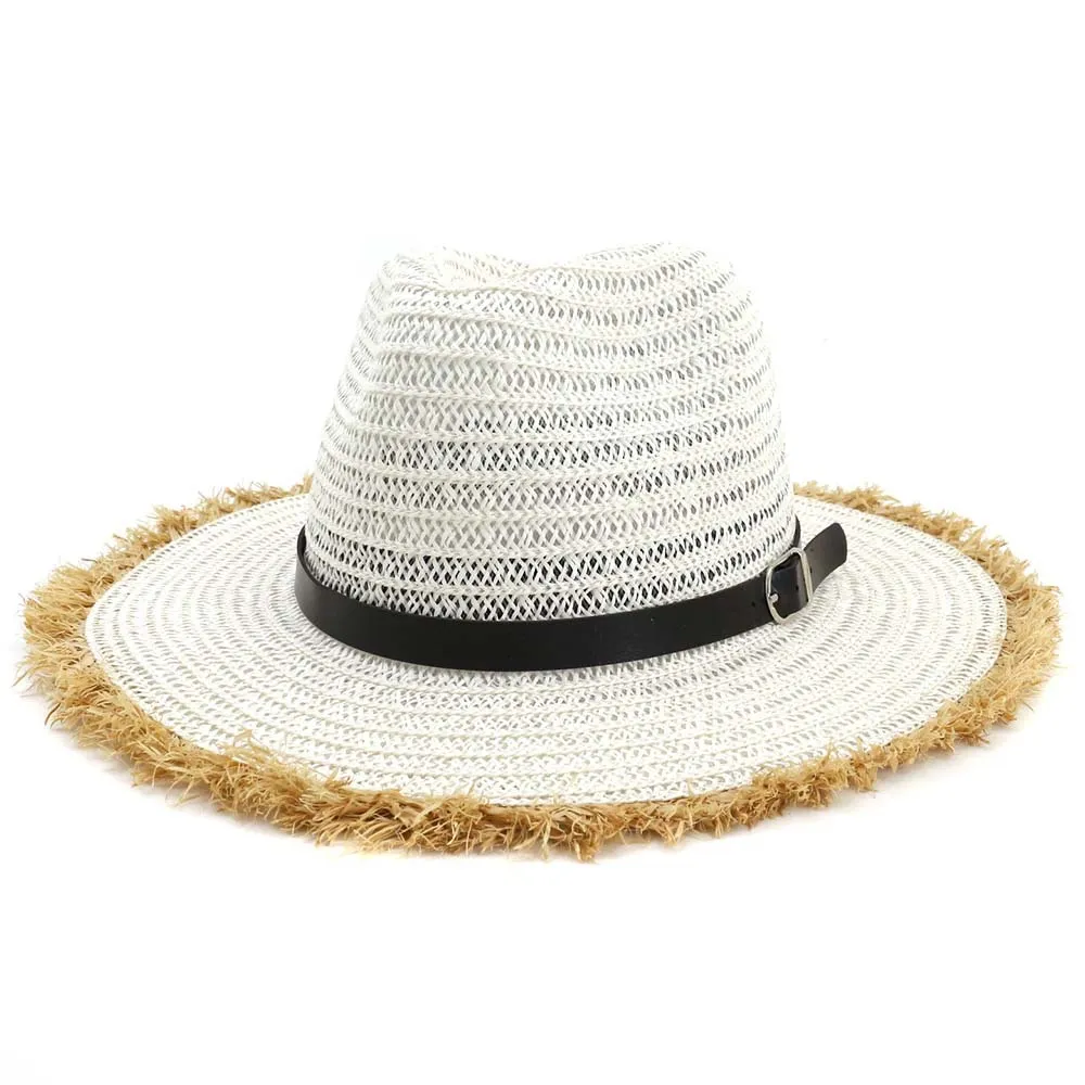 Moda Unisex Bay Bayan Seyahat Caz Kapaklar Geniş Kürklü Ağız Yaz Plaj Kovboy Güneş Fedora Panama Kağıt Hasır Şapka ile Kemer Toka