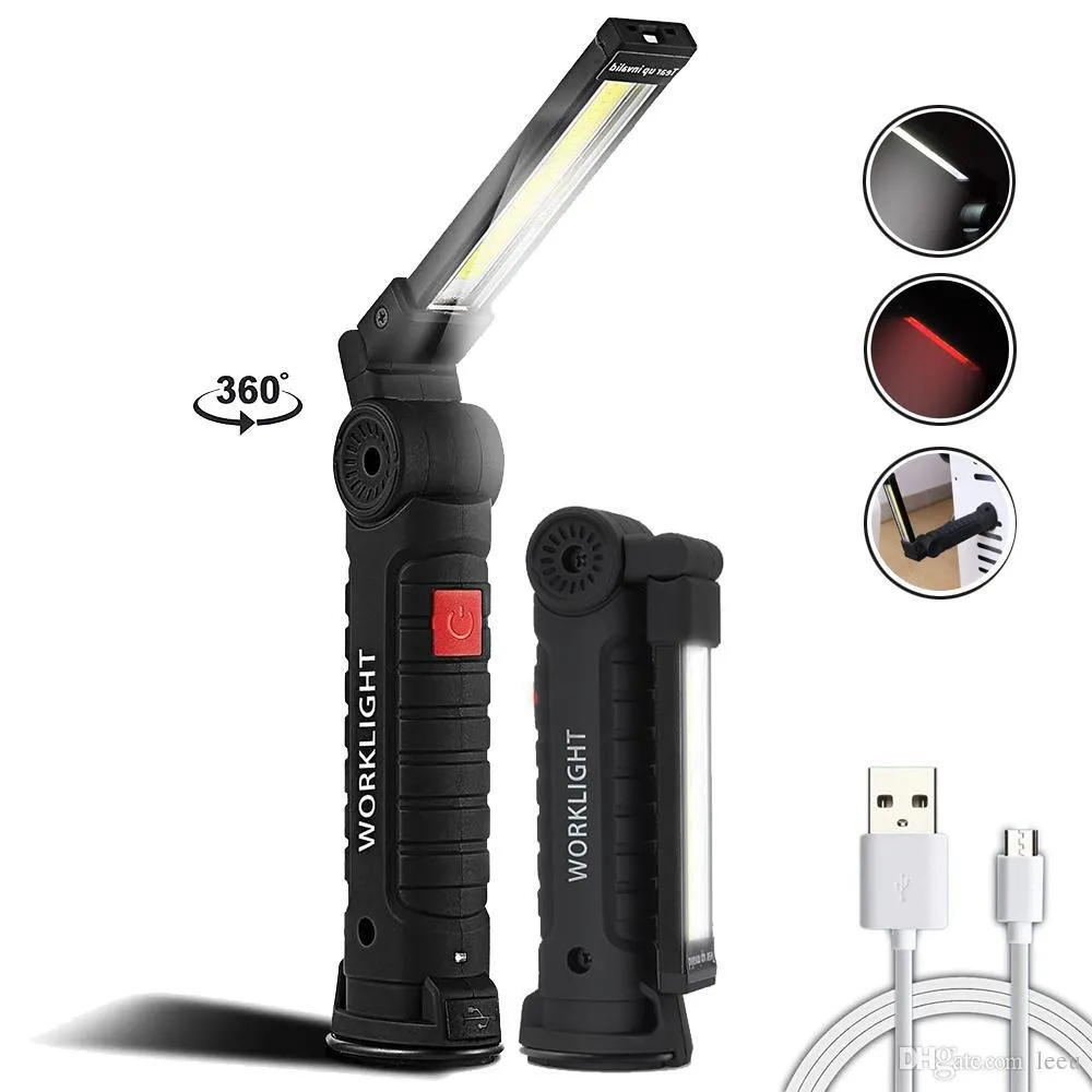 USB 충전식 COB LED 손전등 작업 빛 검사 조명 5 모드 꼬리 자석 디자인 교수형 토치 램프 2 크기 방수
