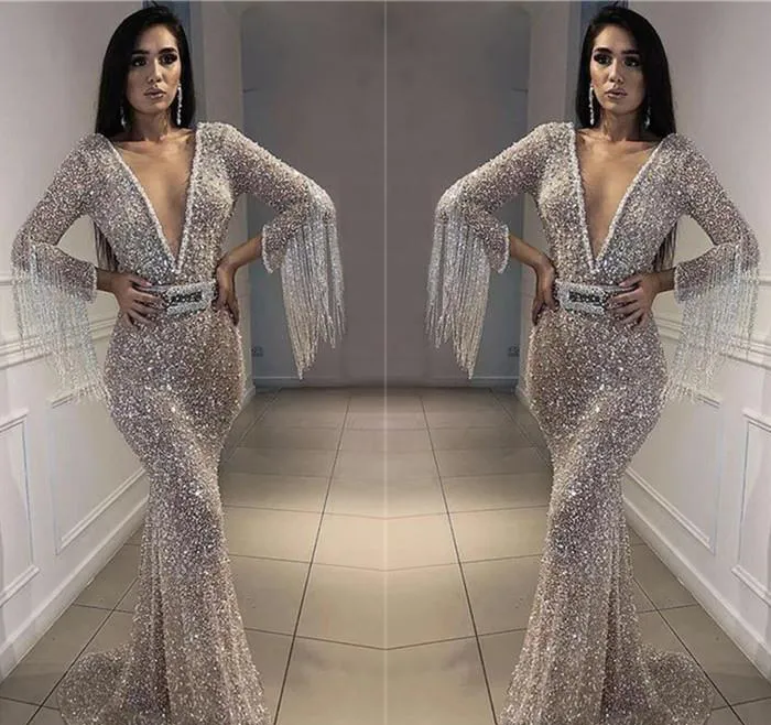 2019 Cheap Silver Sequins Prom Dress Plunging V Neck Long Sleeves Pageant Holidays Graduation Wear Evening Party Gown Custom Made Plus Size