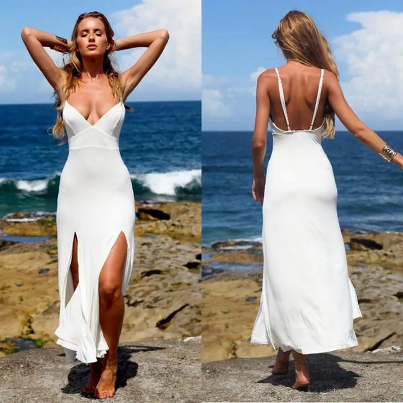 Krótkie suknie ślubne na plaży Spaghetti Backless Tea-lend Mermaid Summer Holiday Wear Country Seaside suknia ślubna Tanie