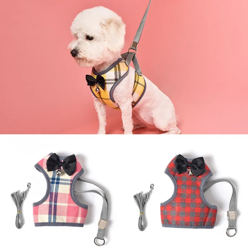 Dogs Pet Harness Puppy Pet Vest Lead Leash Dog Cat Harness With Leash Bowknot Plaid Adjustable Vest Breathable Mesh Clothes BH1542 TQQ