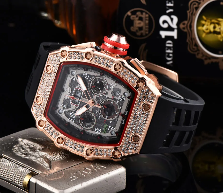 2020 Mens Fashion Sport Watch Shinning Watches Stainless Steel Diamond Iced Watch All Dial Work Chronograph Rubber Strap R-male Clock