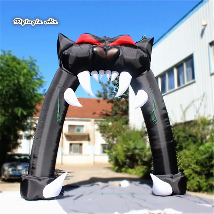 Halloween Decorative Inflatable Black Cat Mouth Arch 6m Height Evil Monster Archway With Pointed Teeth For Concert Entrance