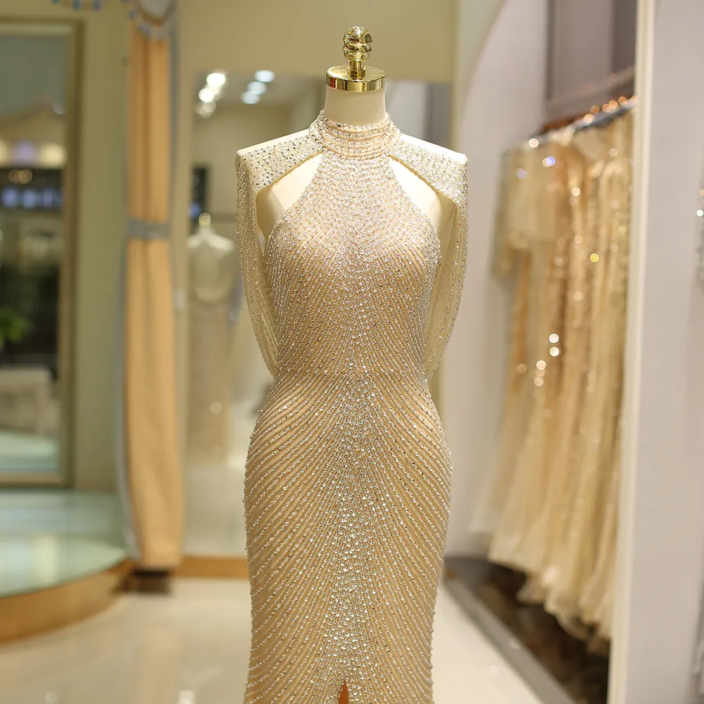 Tulle High Collar Backless Gold Mermaid Prom Dress