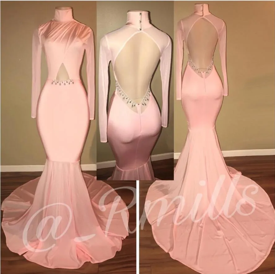 Mermaid Prom Dresses 2019 Formal Evening Party Keyhole High Neck Long Sleeves Backless Pageant Gowns Special Occasion Dresses Cheap