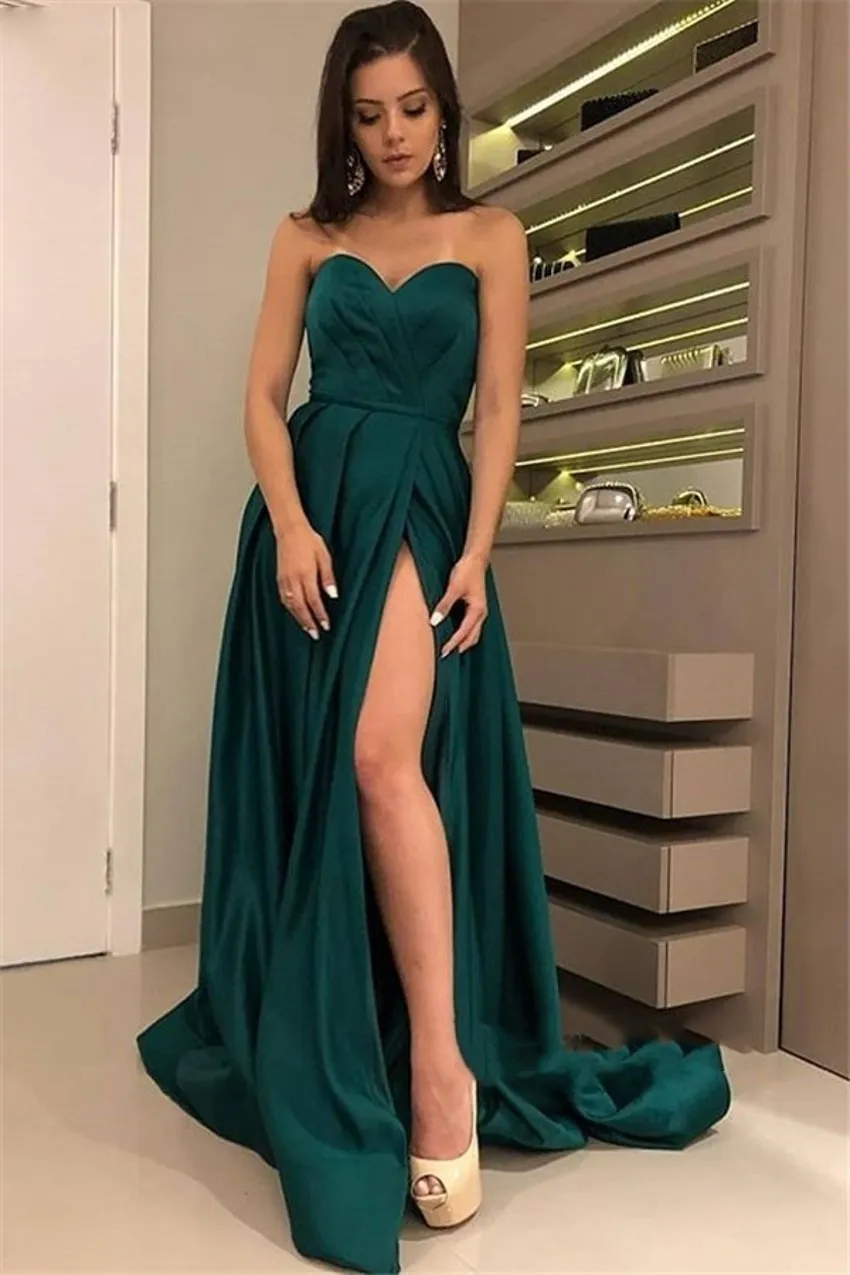Dark Green Evening Dress Sexy Sweetheart Neck Left Slit Long Satin Woman Formal Party Gown for Special Occasion