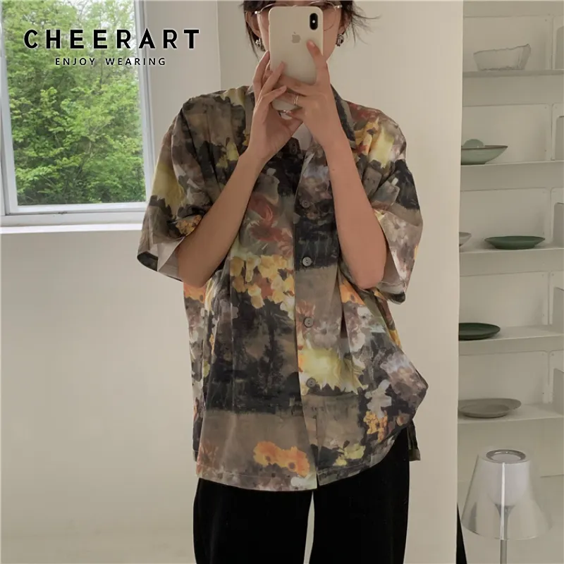 レディースブラウスシャツビンテージオイル絵画女性夏半袖ブラウスボタンアップカラーシャツ韓国の花2022