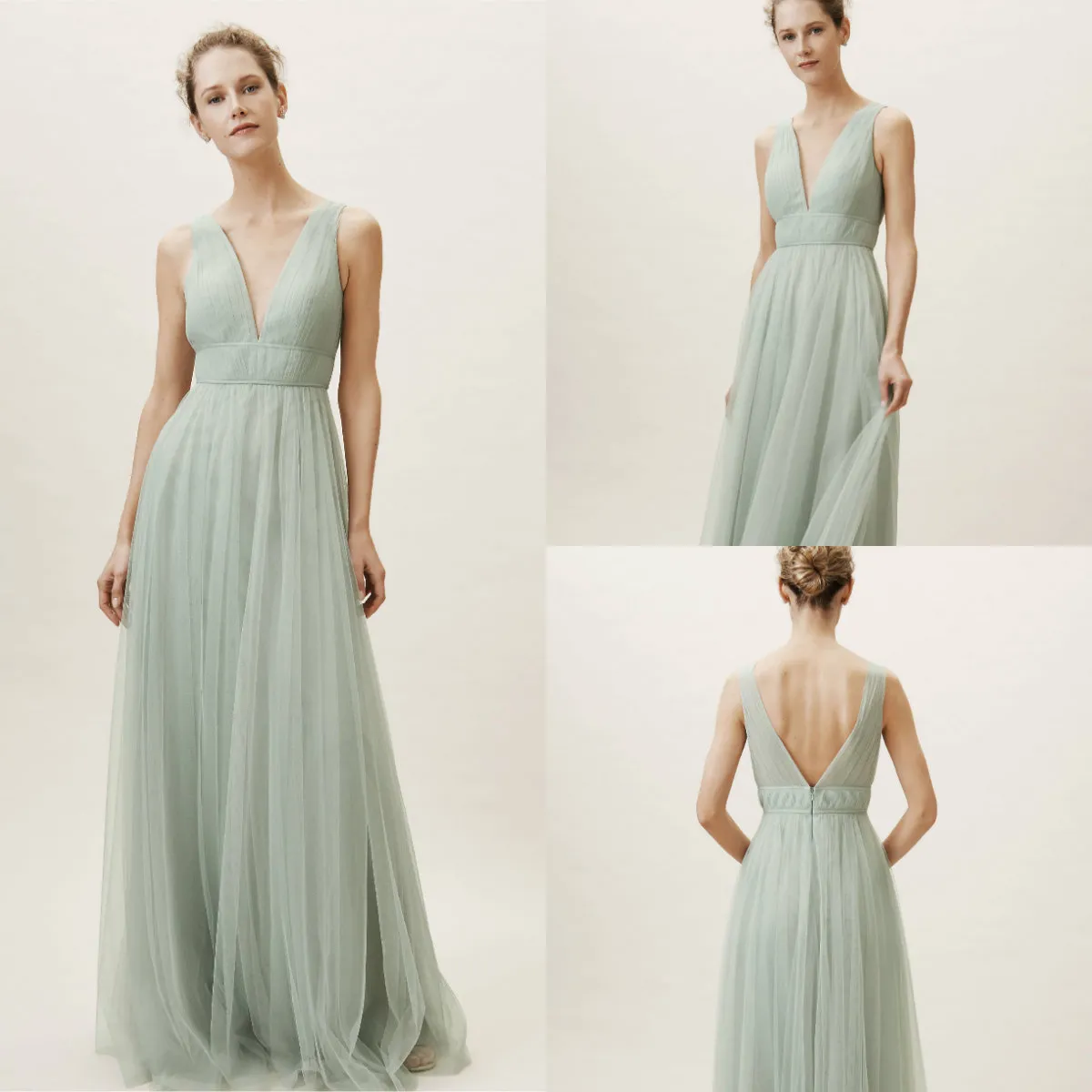 2019 bhldn bruidsmeisje jurken v-hals tule mouwloze vloer lengte munt groene formele gelegenheid jurk goedkope avondjurken