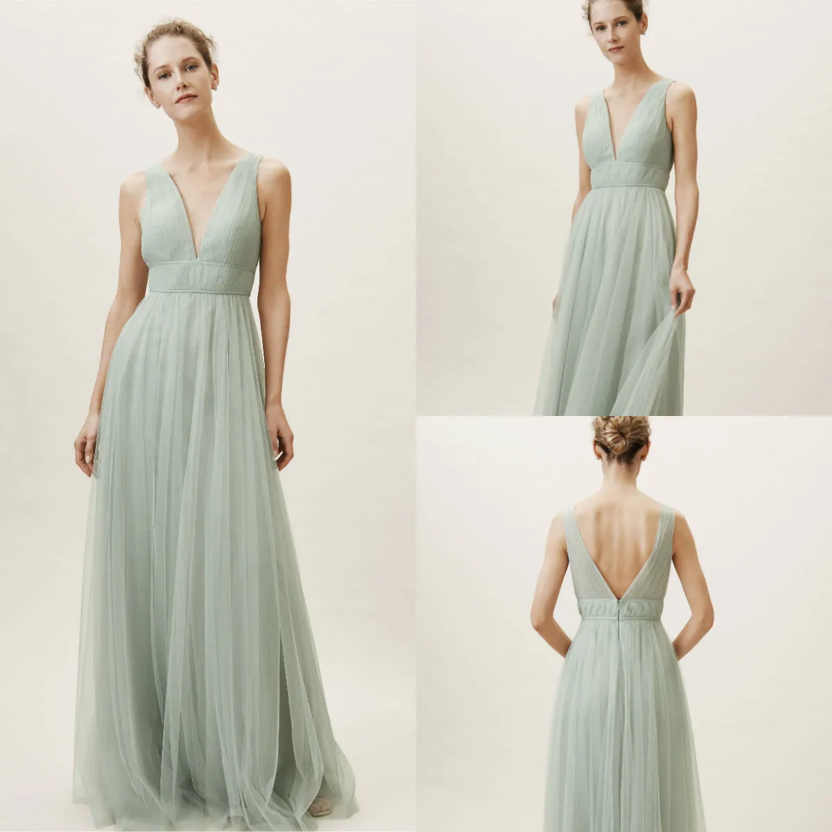 Mint Green V-Neck Tulle sage multiway bridesmaid dress - Sleeveless or Length - Affordable Formal Ocn Gown by BHLDN Mint Green V-Neck Tulle sage multiway bridesmaid dress - Sleeveless or Length - Affordable Formal Ocn Gown by BHLDN