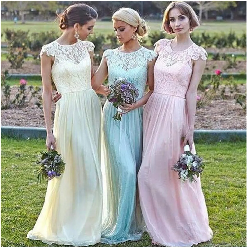 2020 Kant Chiffon Maid of Honour Jurken Real Image Plus Size Cap Mouw Roze Mint Daffidol Goedkope Strand Bruidsmeisje Partij Avondjurken