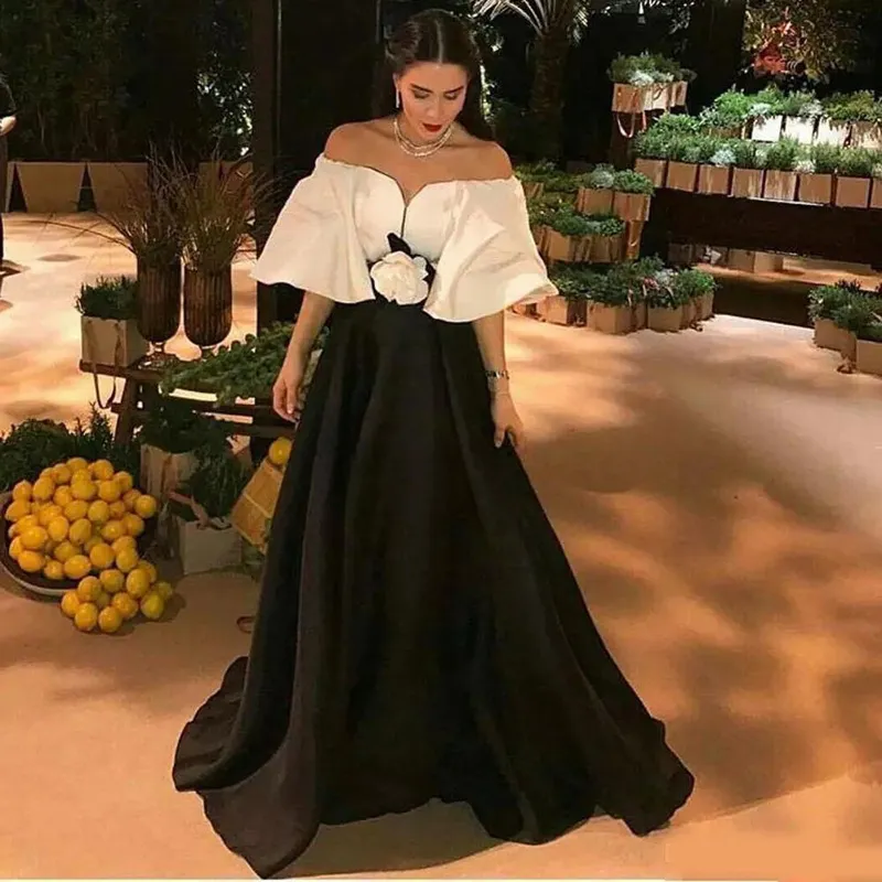 Eleganckie Suknie Wieczorowe Ramię Białe i czarne Cape Sleeve Asta Prom Suknie Organza Długość podłogi Formalne Wzierze wieczorowe