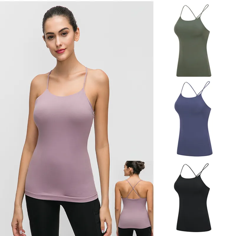 Sport Running Workout Canotte a spalle scoperte Canotte da yoga da donna carine con reggiseno integrato Cinghie incrociate sul retro Top in maglia a costine