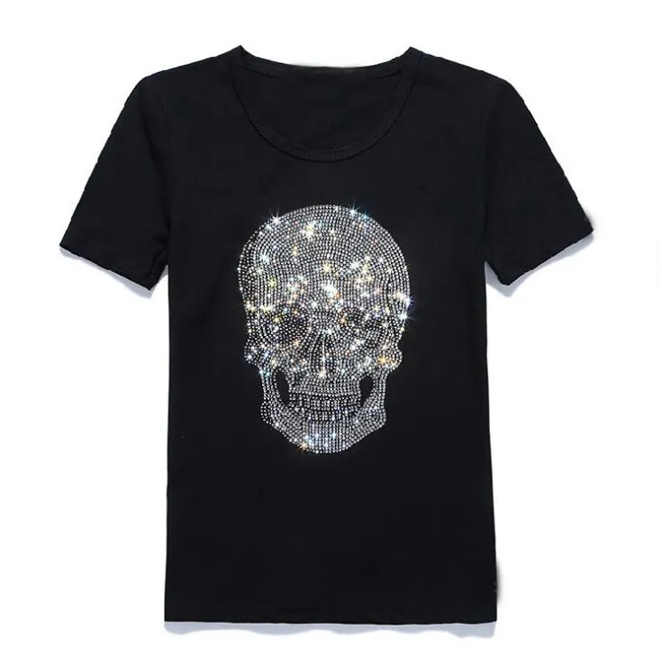 Shining Diamond Rhinestone Skull O-neck Short-sleeve Cotton T-shirt Tee BlackMen's T-Shirts Men's