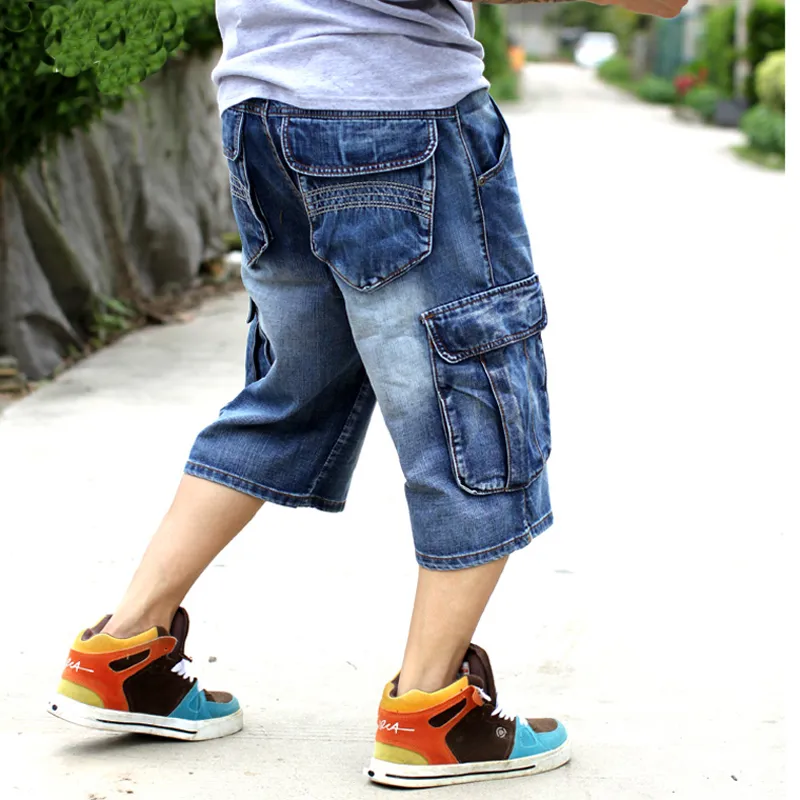 Herr Plus Size Lös Baggy Denim Korta Jeans Mode Streetwear Hip Hop Långa 3/4 Cargo Shorts Ficka Bermuda Man Blå