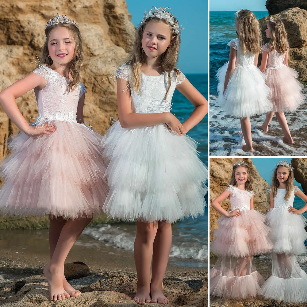 Jupe détachable robe de fille de fleur pour plage jardin château mariages de campagne 2019 robe de bal longueur au genou enfants robes de fête d'anniversaire volants