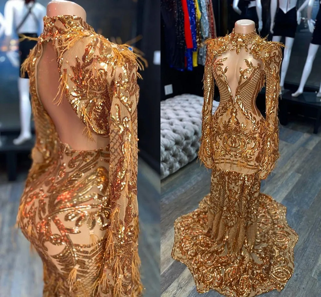 Arabe Aso Ebi Or Soirée Pageant Robes 2021 Image Réelle De Luxe Plume À Manches Longues Col Haut Sirène Robe De Réception De Bal