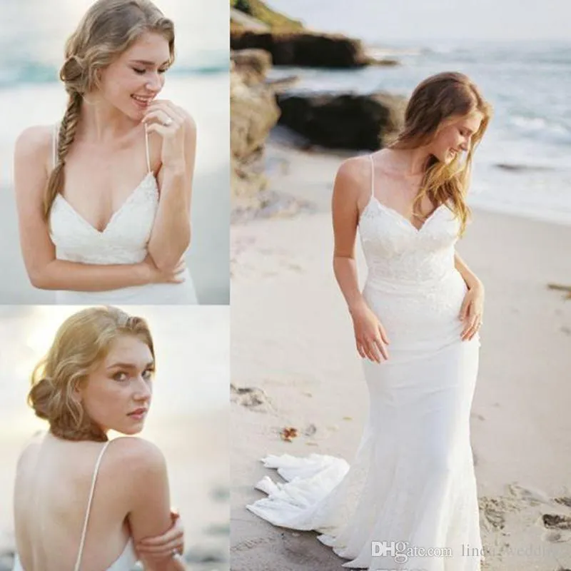 2019 New Backless Beach Mermaid Wedding Dress Western Summer Spaghetti Straps Long Bridal Gown Plus Size Custom Made