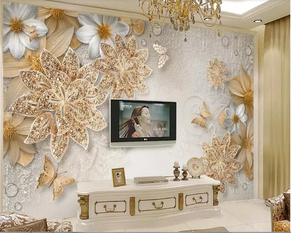 beibehang 3D Wallpaper for Living Room Luksusowa złota biżuteria kwiat telewizor tło mur tapetka tapetka na pokój dla dzieci