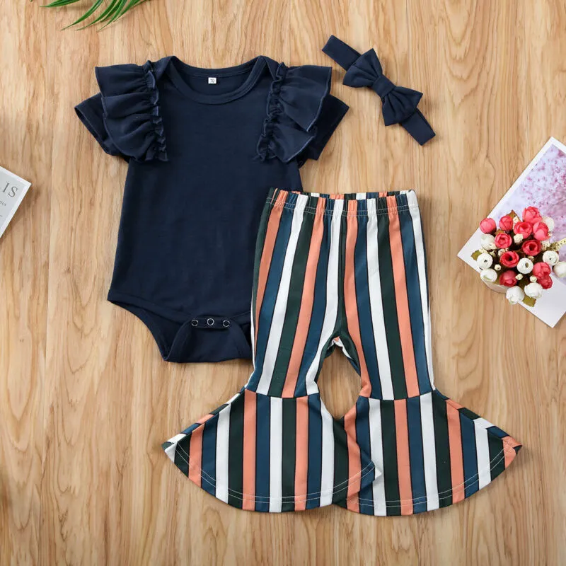 夏の半袖ブルーフリルボディスーツストライプフレアパンツ衣装3ピース幼児幼児新生児子供赤ちゃん女の子服セット
