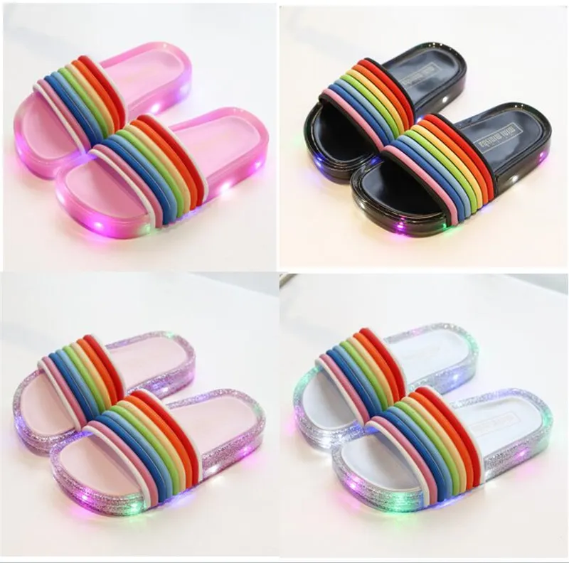 Rainbow LED Glitter Plastic Slippers For Kids Colorful Flashing Jelly Sandals With Fashionable Sequins Girls Beach Shoes And Slides A5801 From Armorcase 8.8 DHgate.Com