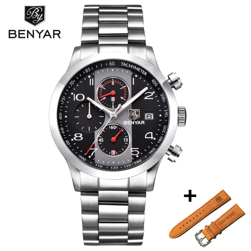Orologio Uomo BY BENYAR Cronografo Analogico - Cinturino Acciaio, Impermeabile 3ATM, Design Classico Ed Elegante!
