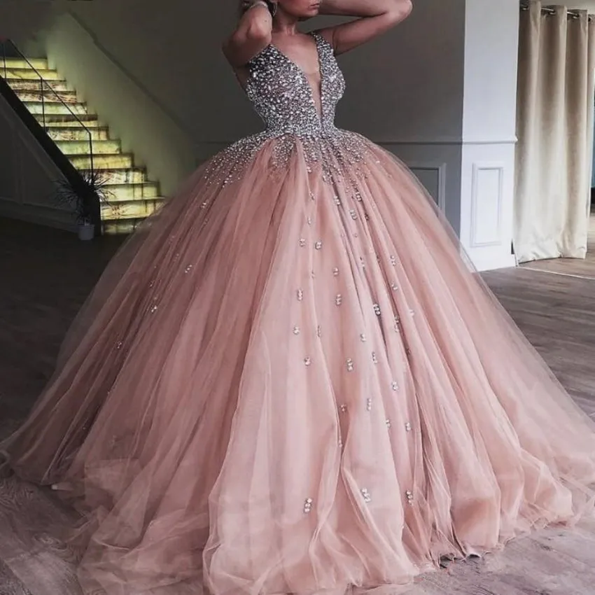 Champagne Tulle Ball Gown Quinceanera Dress 2020 Elegant Heavy Beaded Crystal Deep V Neck Sweet 16 Dresses Evening Prom Gowns
