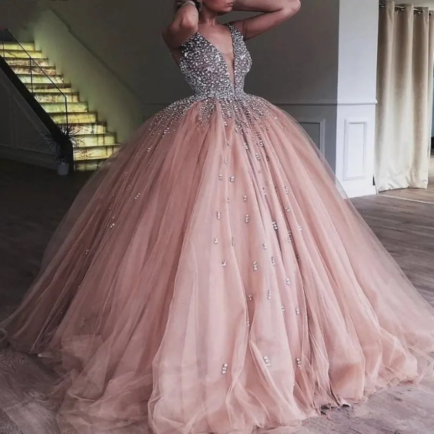 Robe de bal en Tulle Champagne, robe Quinceanera élégante, perles lourdes, cristal, décolleté en V profond, douce 16 robes de soirée, 2020