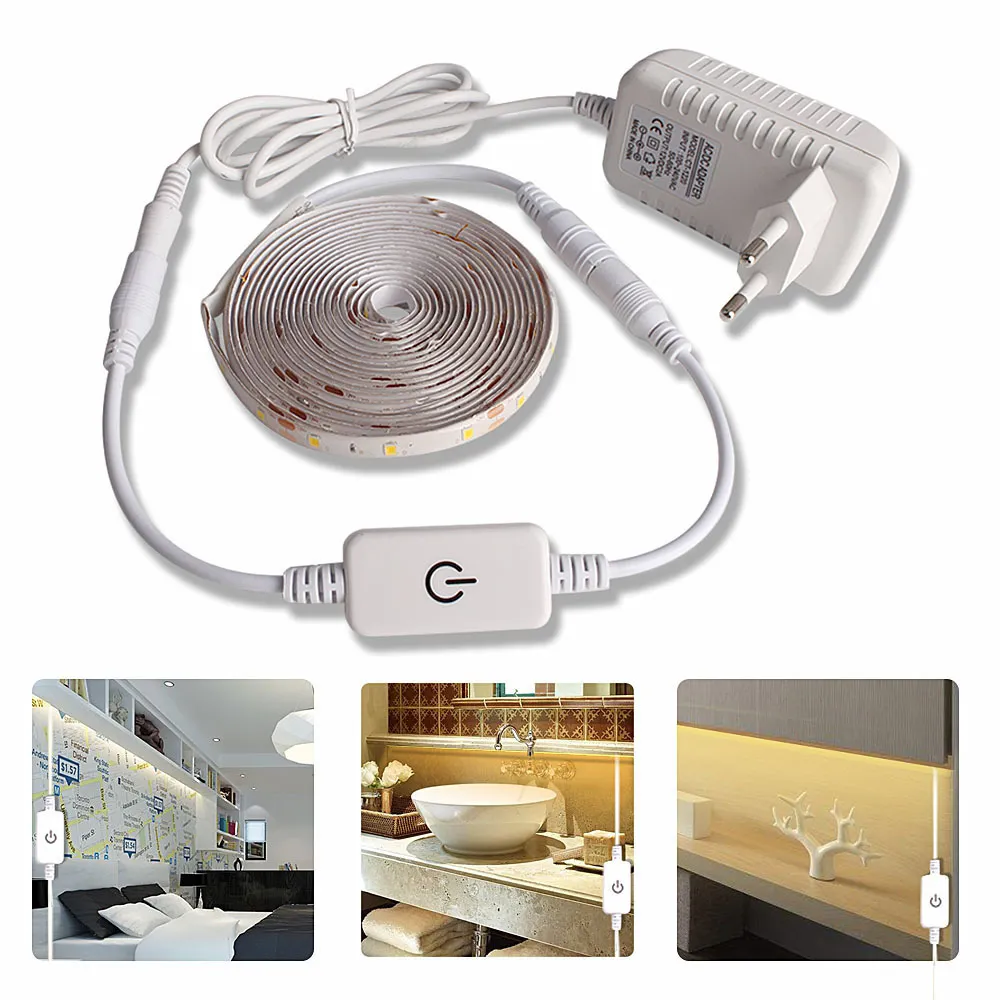 5M LED-Lichtstreifen wasserdicht 2835 Ribbon-LED-Streifen Dimmable Touch-Sensor-Schalter 12V-Stromversorgung für Unterschrank-Küchenlampe