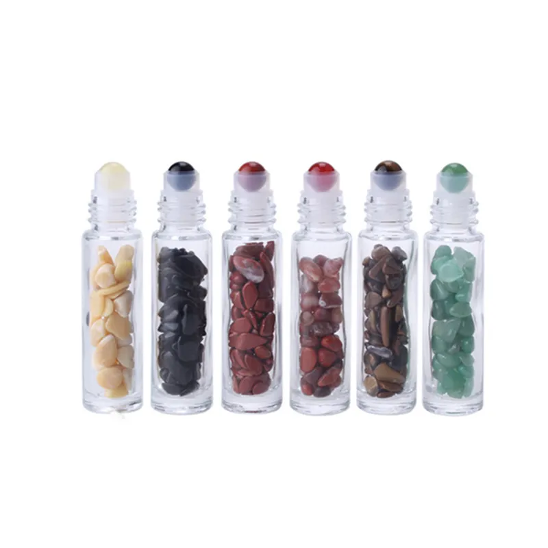 10ML Natural Gemstone  Oil Roller Ball Bottles Clear Perfumes Oil Liquids Roll On Bottles With Crystal Chips 