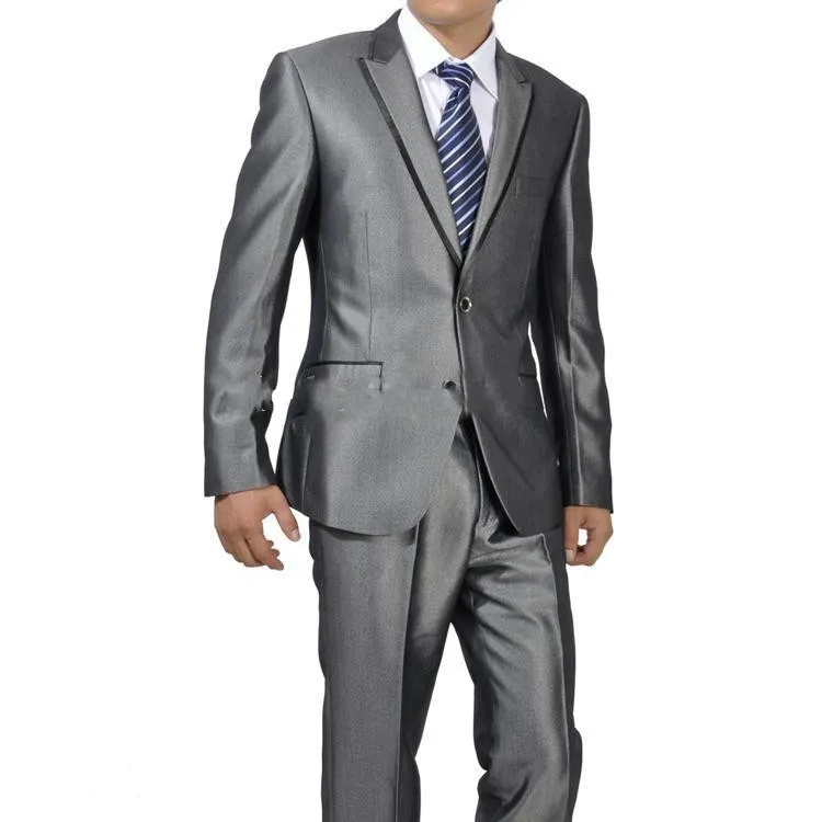 Mode Shinny Gray Bruidegom Tuxedos Uitstekende Piek Revers Groomsmen Bruiloft Jas Blazer Mannen Formele Prom / Dinner Pak (jas + Broek + Tie) 1202