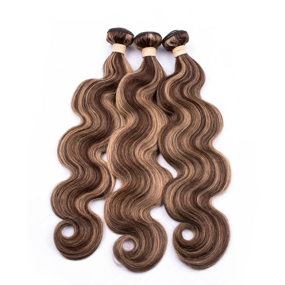 Piano cor indiano cabelo humano onda corporal weave piano # 4/27 mistura marrom com mel loira destaque cor de cabelo humano pacotes 3pcs