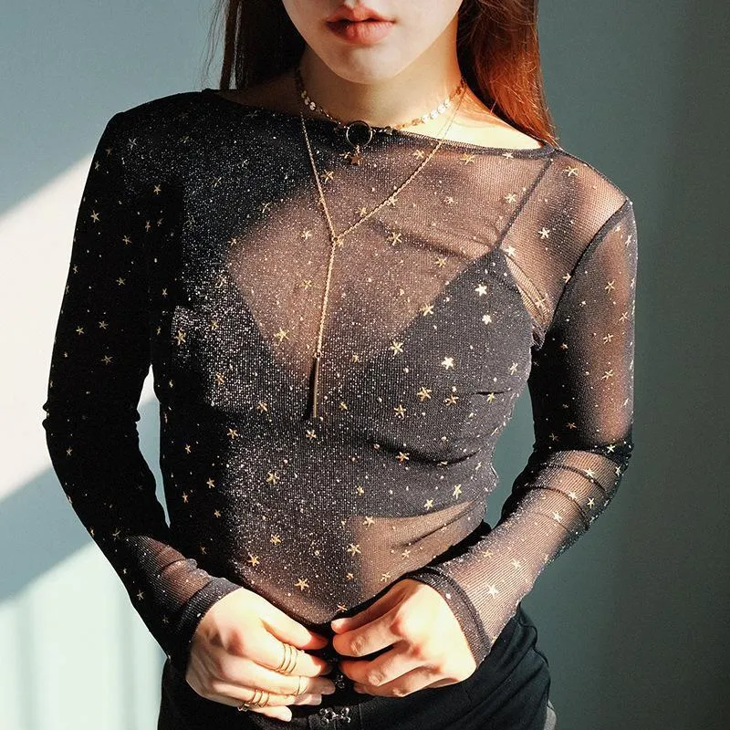 Sheer Star Print Top: Sexy See Through Mesh T-Shirt - Long Sleeve
