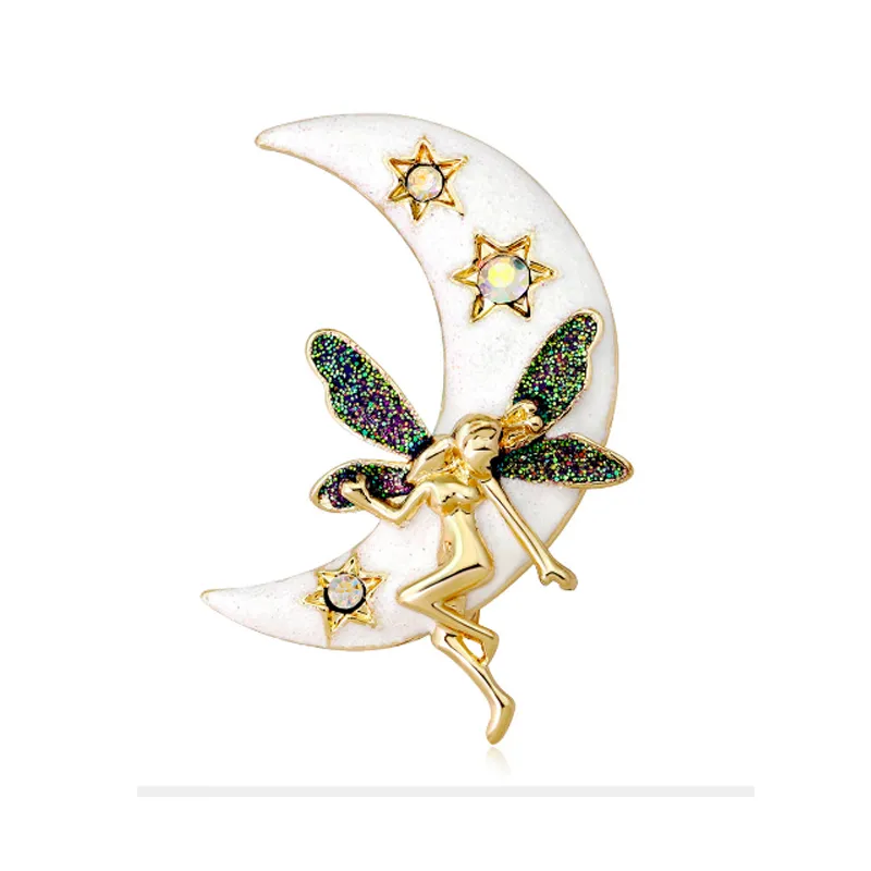 Fashion Moon Goddess Brooch Pins Cartoon Moon Star Angel with Butterfly Wing Brooches 18K Plated Enamel Rhinestone Pins Jewelry Gifts