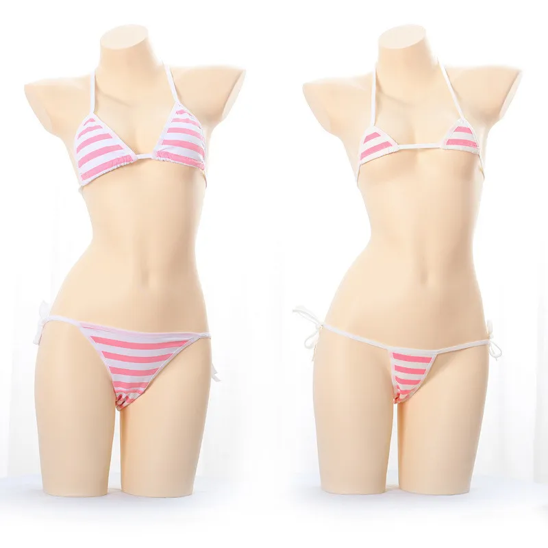 Japanese Lingerie Sexy Erotic Anime Cosplay Underwear Set Kawaii Mini  Bikini Blue Pink Striped Bra Set For Women275L