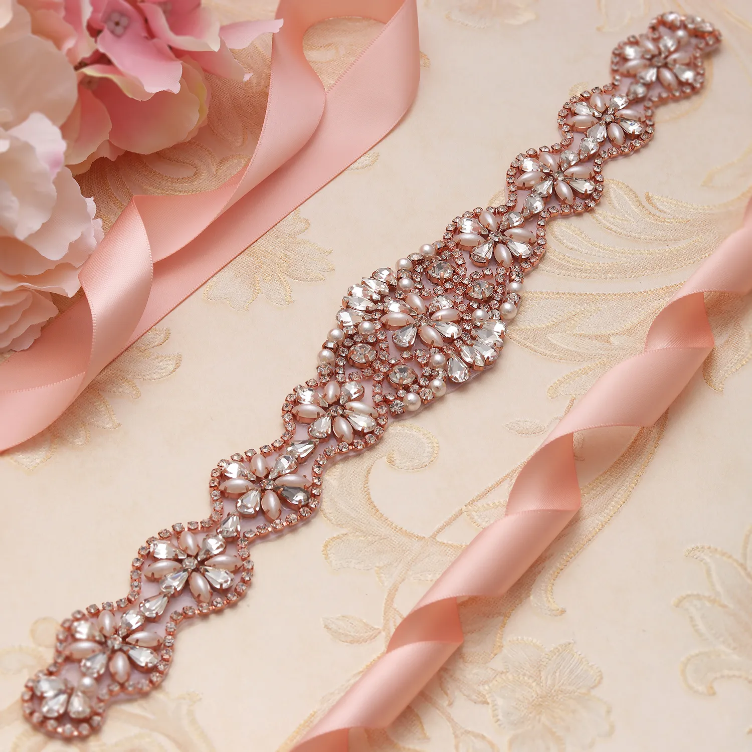 Long Bridal Belt Pink Ribbon Rhinestone Pearl Wedding Bridal Bridesmaid … Crystal Wedding Dress Belt Bride Bridesmaid Party Pearl  main image 4