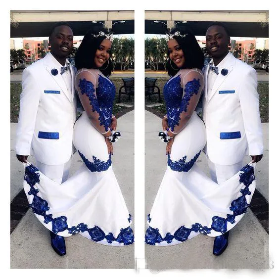 Royal Blue Lace Aso Ebi Dresses 2024 Satin Illusion Long Sleeve Applique Wedding Gowns