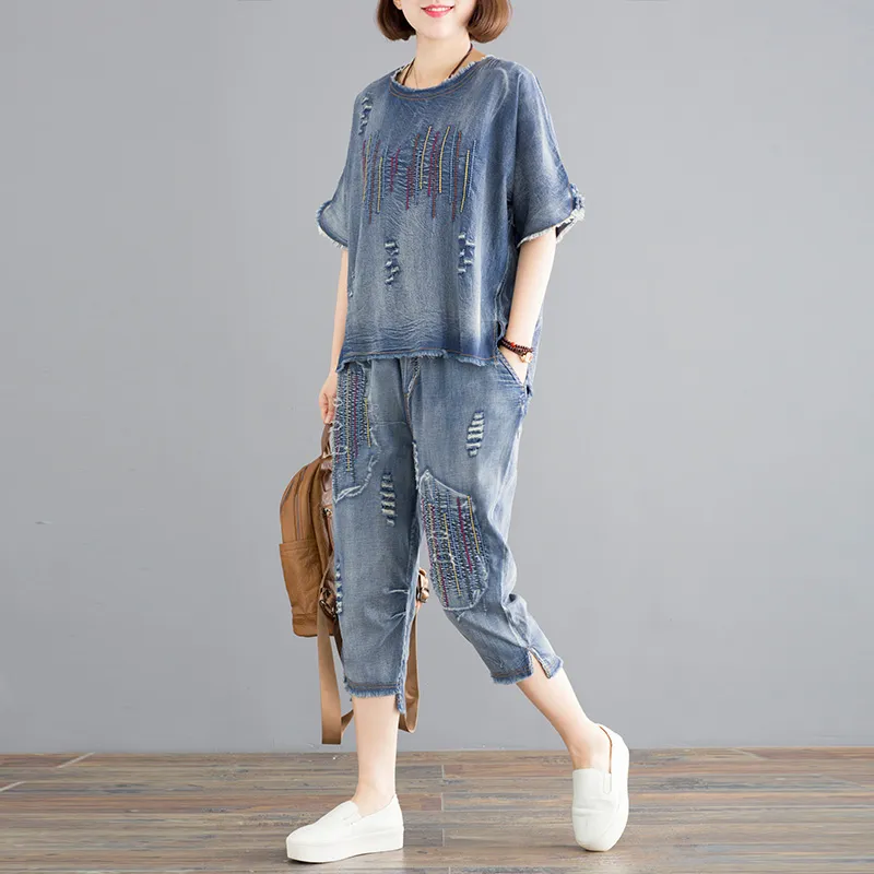 Two Piece Dress Literary Jeans Top And Pants Embroidery Striped