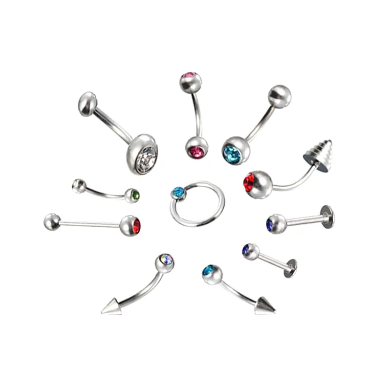 Mixed 11pcs/set 316L Stainless Steel Nose Eyebrow Tongue Nail Ear Stud Navel Lip Nipple Ring Colorful Gems Zircons Body Piercing Jewelry