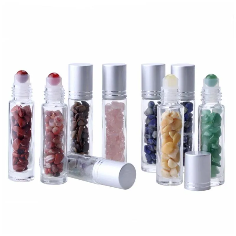 Oil Difusor Essencial 10ml rolo de vidro transparente em frascos de perfume com Esmagado Natural de cristal de quartzo de pedra, cristal Roller Ball prata RRA2897