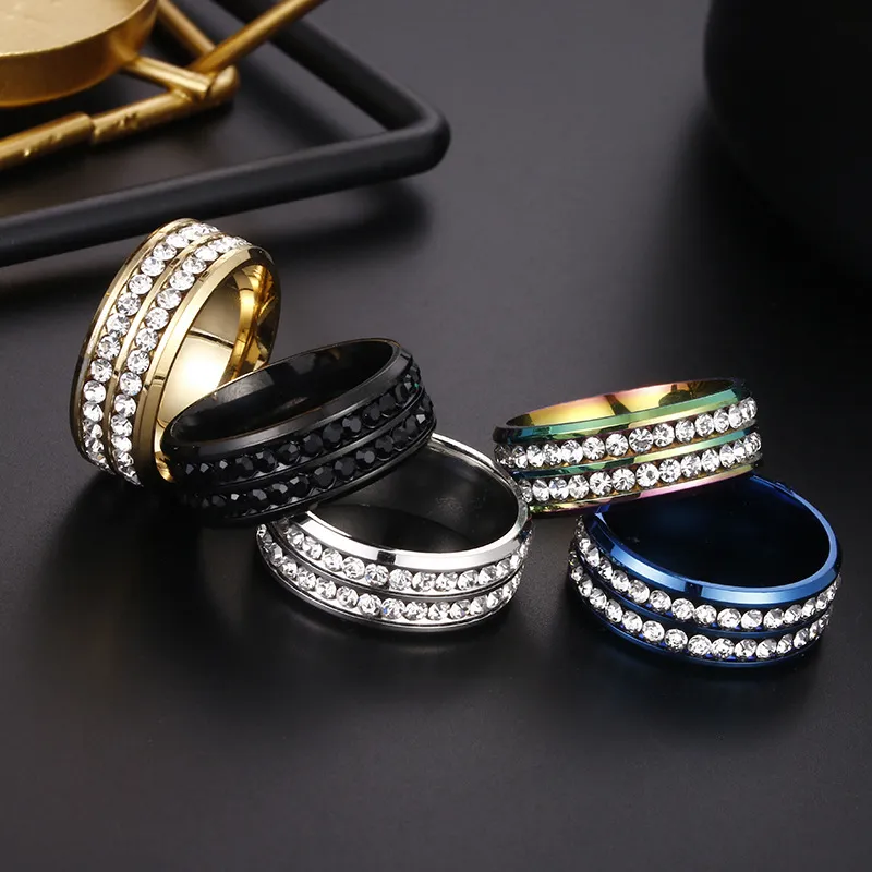 2 Rows Crystal Stainless Steel Rings Band Wedding Ring for Women Men Bride Fashion hip hop jewelry
