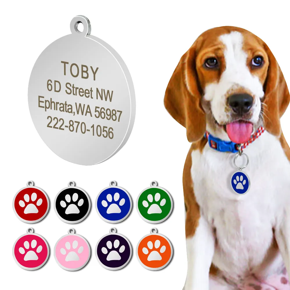 Aço Inoxidável Personalizado Dog ID Tag Acessórios Para Cão Metal Personalizado Rodada Pet ID Tags Plate Pet 8 Cores